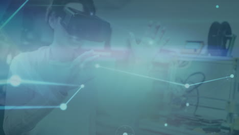 red brillante de conexiones contra la mujer que usa auriculares vr en la oficina