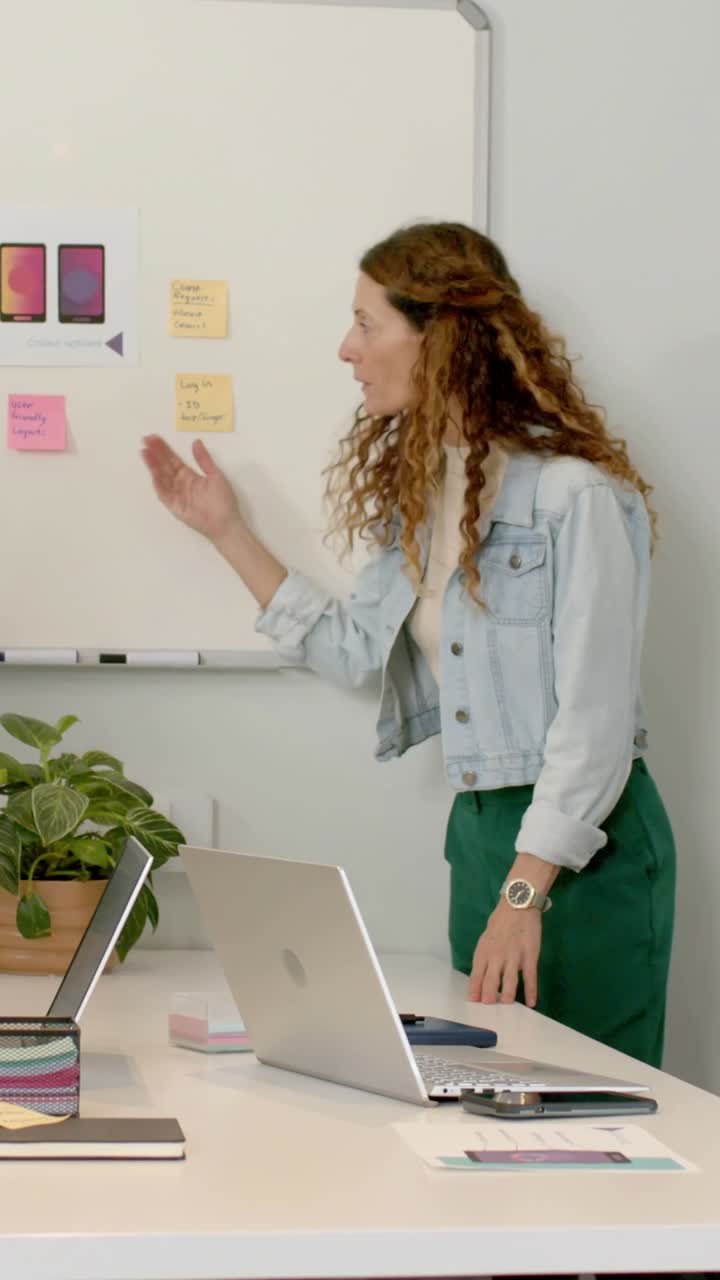 Video verticale: Donna in denim che sta per iniziare, indicando una nota rosa su una lavagna in una sala riunioni, per chiedere feedback.