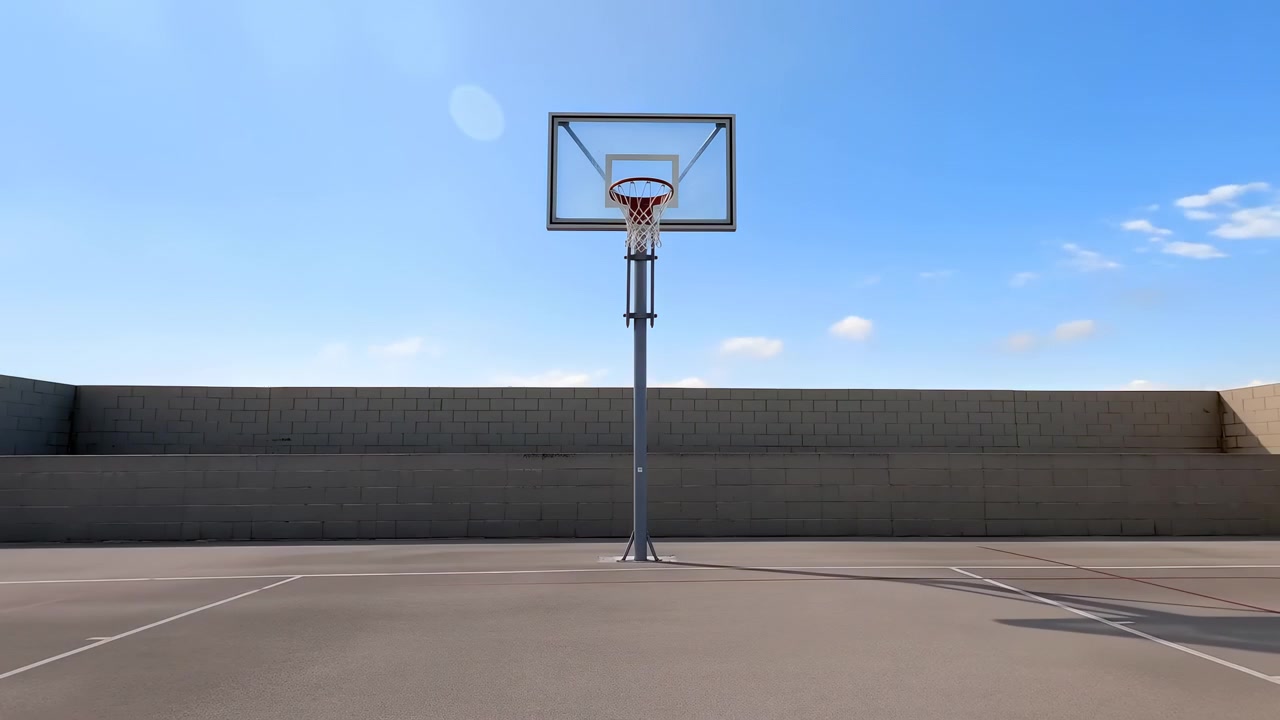 Un singolo canestro da basket si erge su un campo vuoto con palo in acciaio, tabellone trasparente e muro di blocchi texturizzato, creando una scena di ricreazione urbana pulita e simmetrica sotto una luce diurna chiara e calma.