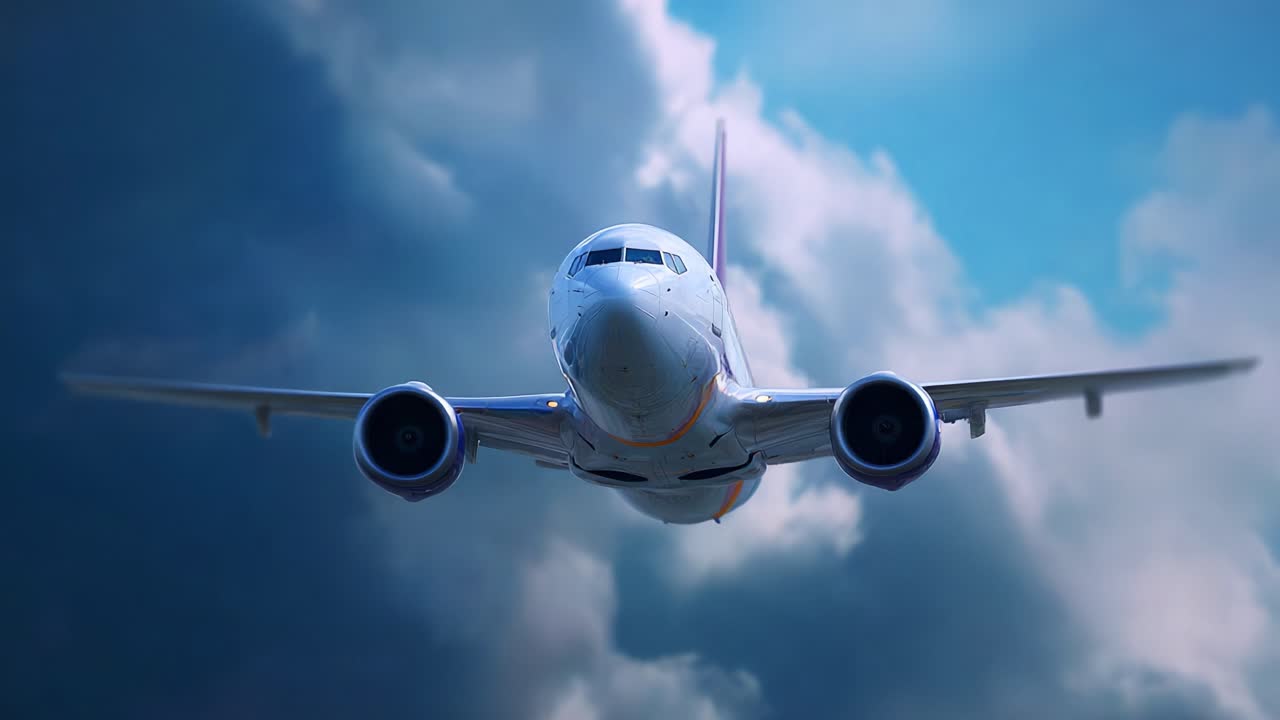 Un aereo impressionante che solca cieli drammatici con uno splendido sfondo di cielo blu, mettendo in mostra l'aerodinamica e l'ingegneria aeronautica moderna al suo meglio