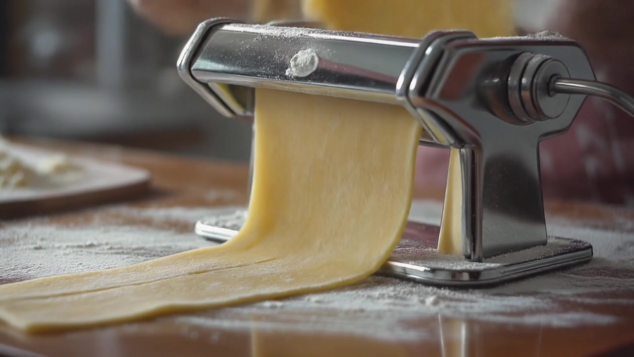 Person Using Pasta Machine to Roll Fresh Dough Sheet