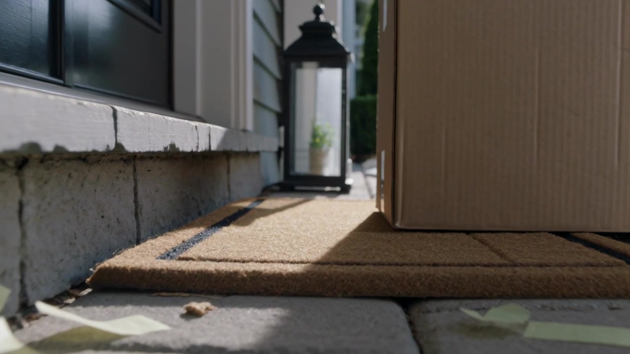 Sliding cardboard delivery box moving onto front porch doormat, with van ramp extending, lantern
