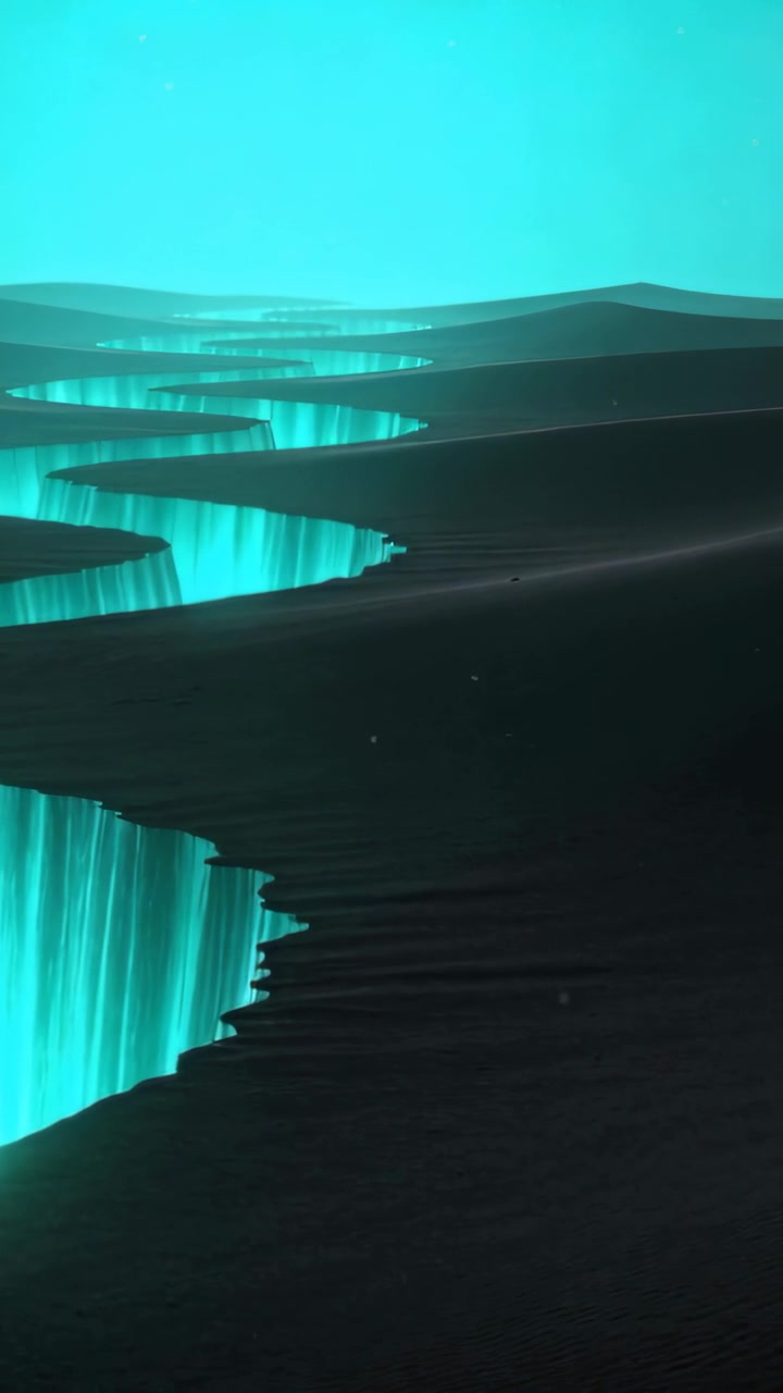Vertical video: Drifting camera revealing terraced canyon with luminescent turquoise falls and mist