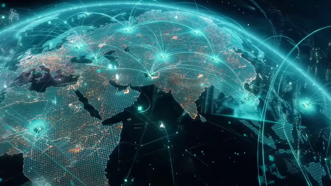 Futuristic video of a digital globe with glowing connections, top-down angle view