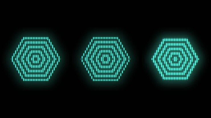 Hexagons geometric icons in rows with neon light on black gradient