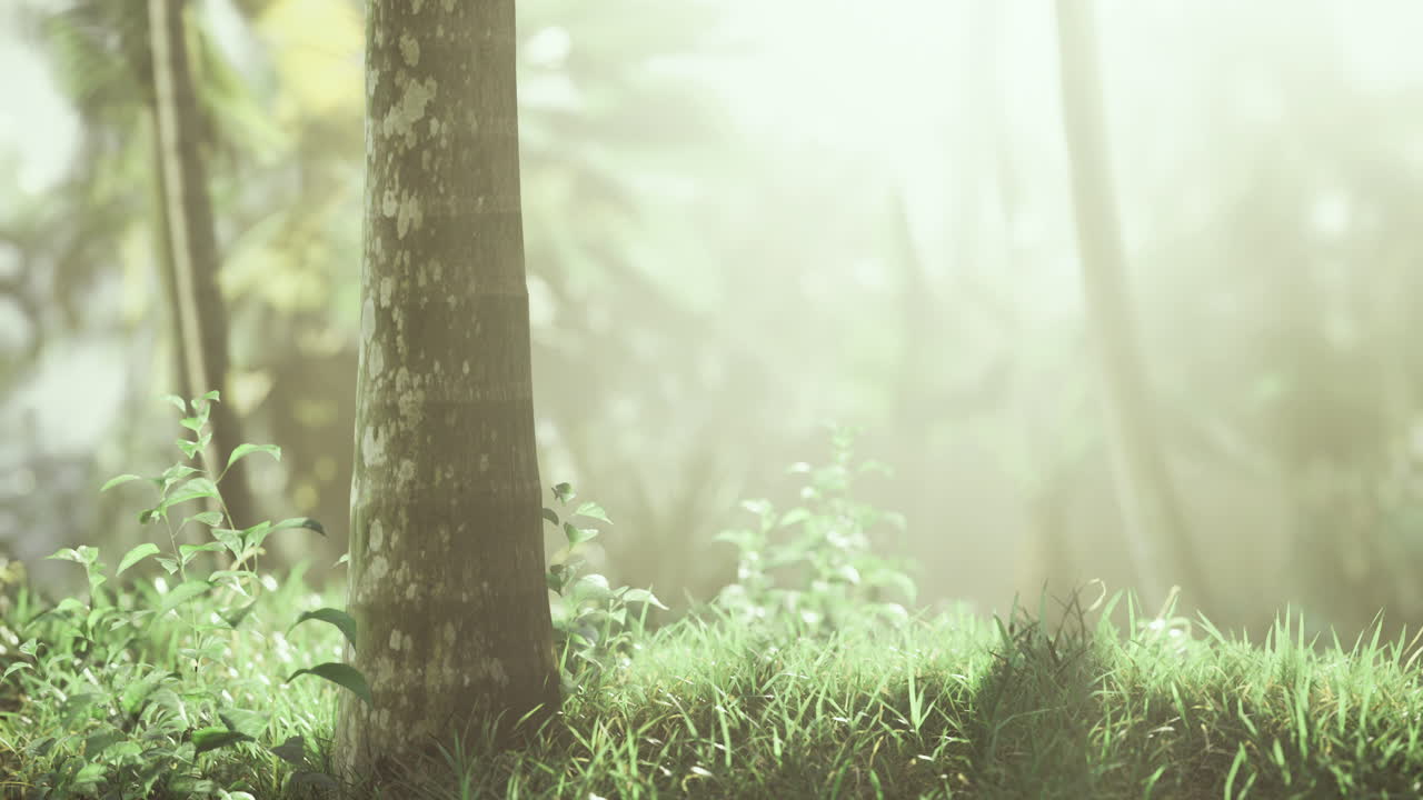 Sunlight filters through trees in a serene forest landscape