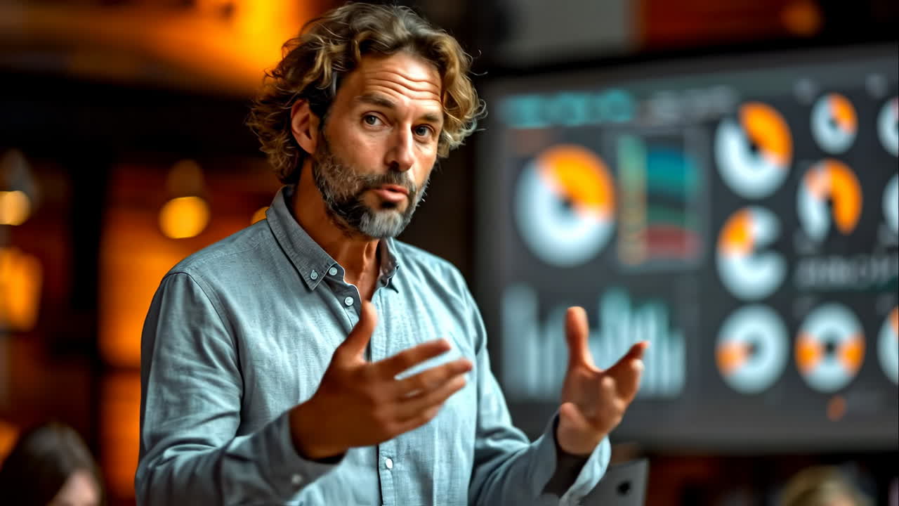 Modern office professional vibe. A man stands confidently speaking during a business presentation, with charts displayed behind him