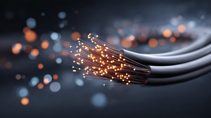 Illuminated Fiber Optic Cables Emitting Light, Abstract Technology Background with Glowing Lights and Soft Bokeh Effects for Communication and Connectivity Themes