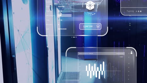 in server room, digital transaction interface animating over modern servers