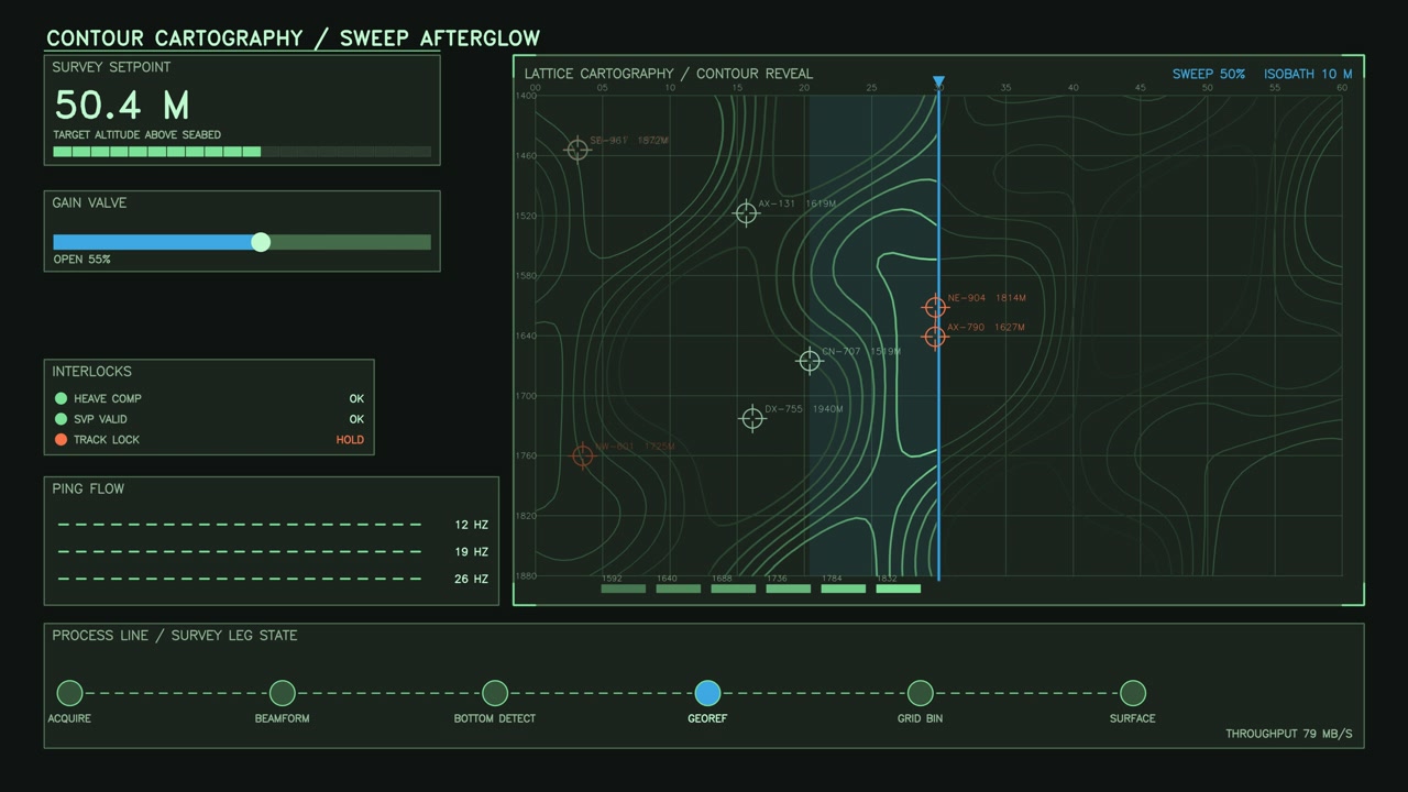 The screen displays a contour cartography interface showing survey data, gain values, and various parameters with interactive controls. It highlights graphical representation of terrain data
