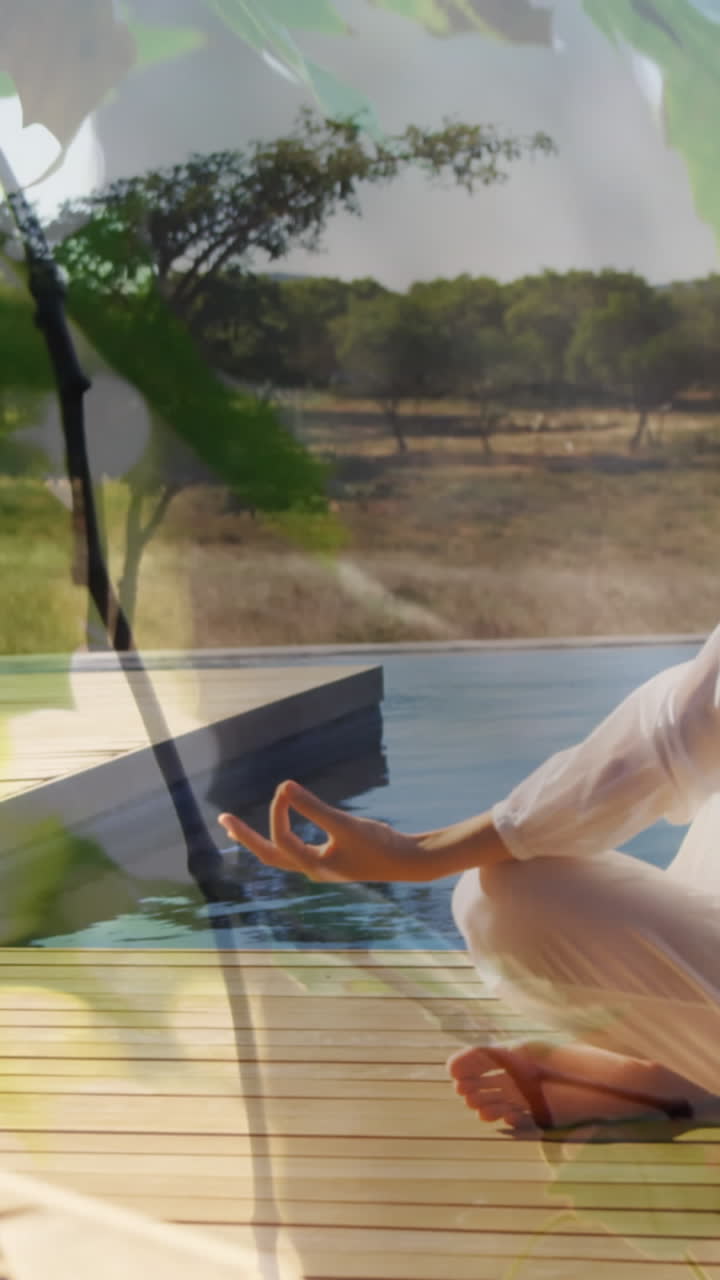 요가와 명상을 하는 백인 여성 위의 잎의 애니메이션