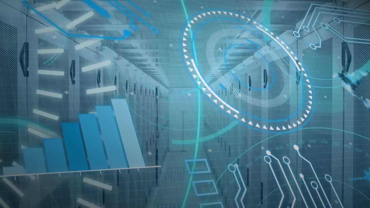 animación del escaneo de alcance con procesamiento de texto y datos 5g sobre la sala del servidor
