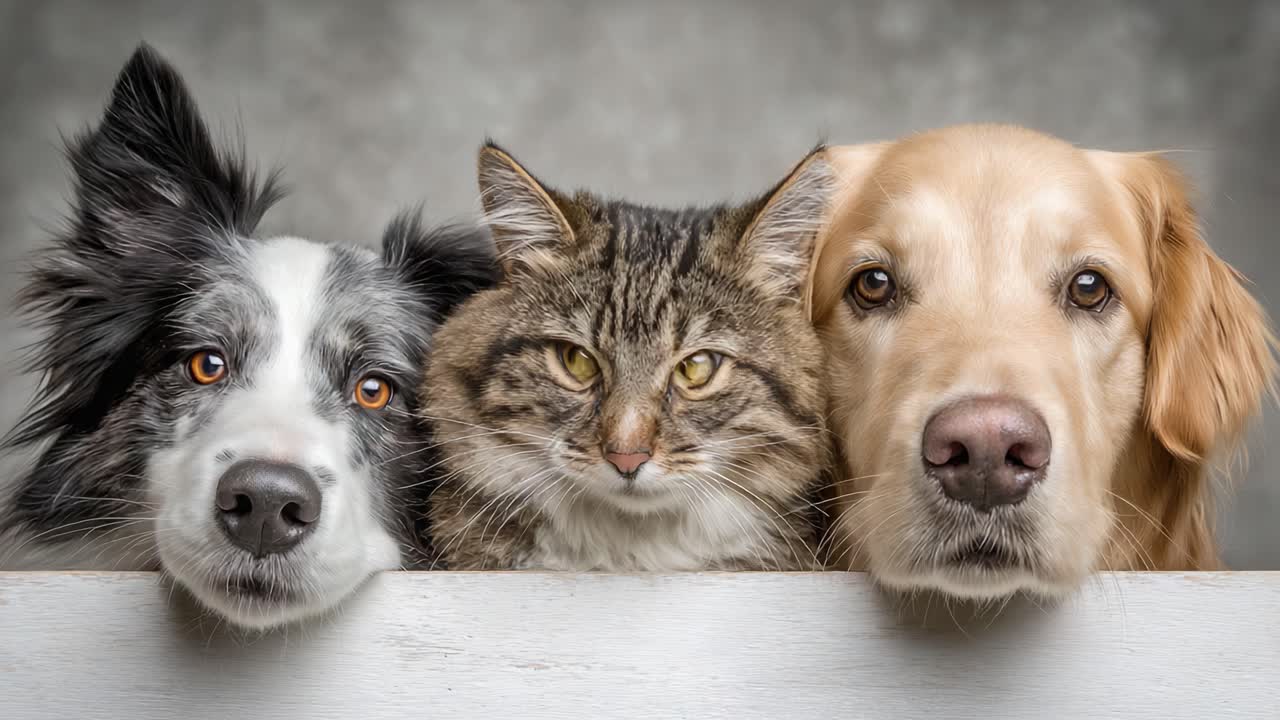 Ein herzerwärmendes Trio: Verspielter Border Collie, liebevoller Golden Retriever und neugierige getigerte Katze posieren zusammen in einer gemütlichen Umgebung.