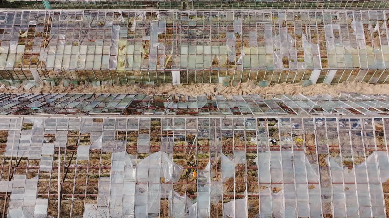 Abandoned long greenhouse structures with broken glass and torn plastic film