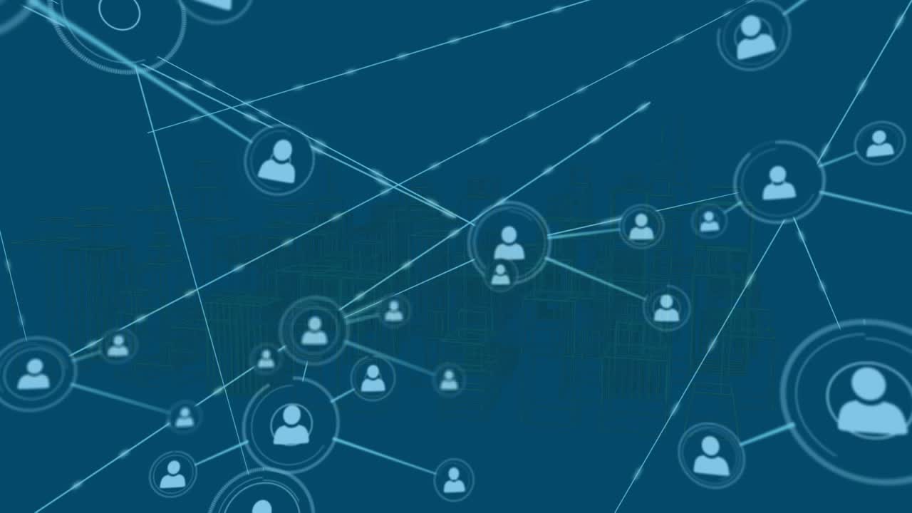 Digital animation viser en by med roterende skyskrabere i et onlinefællesskab