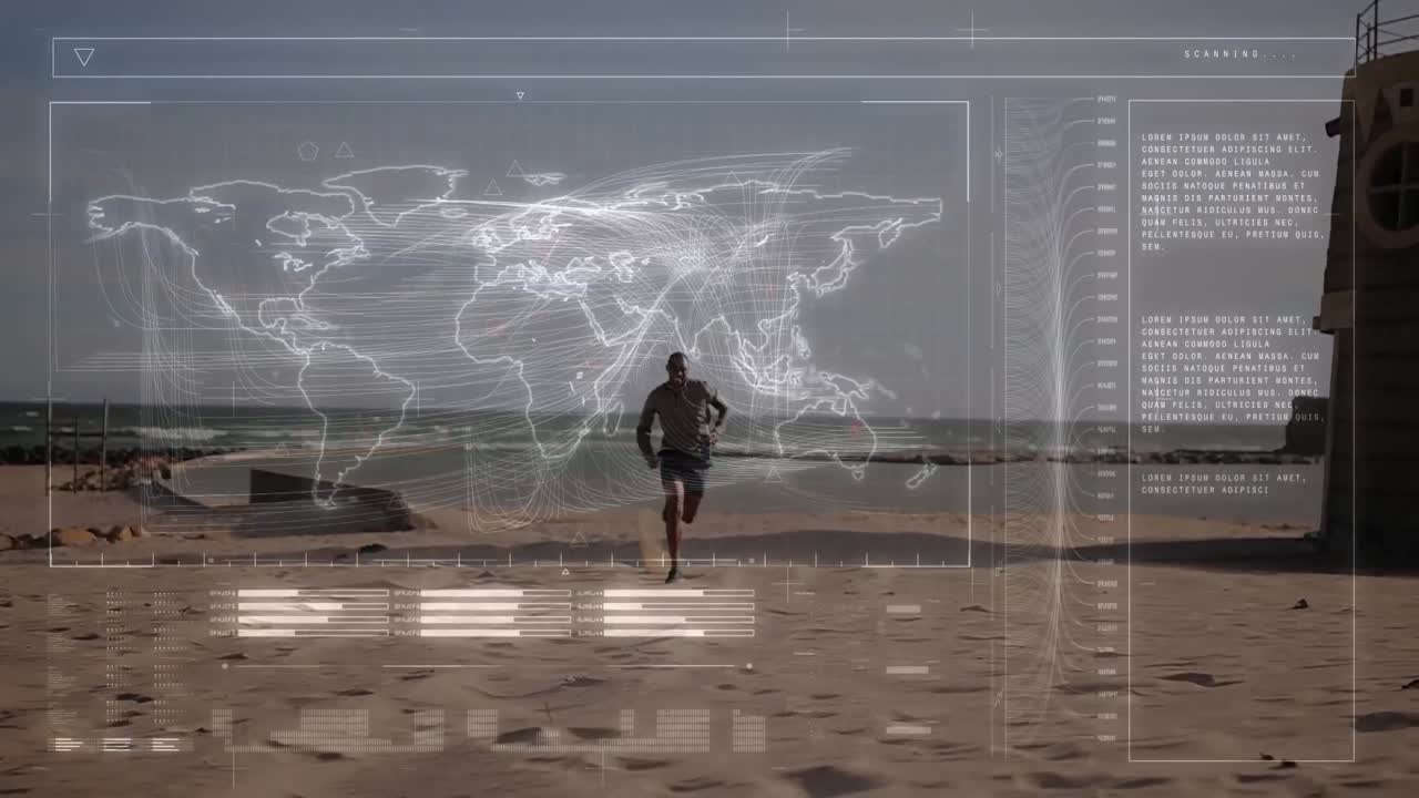 Animazione di uno schermo digitale e una mappa del mondo su un uomo in forma che corre in riva al mare