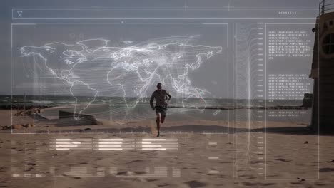 animation of digital screen and world map over fit man running by seaside