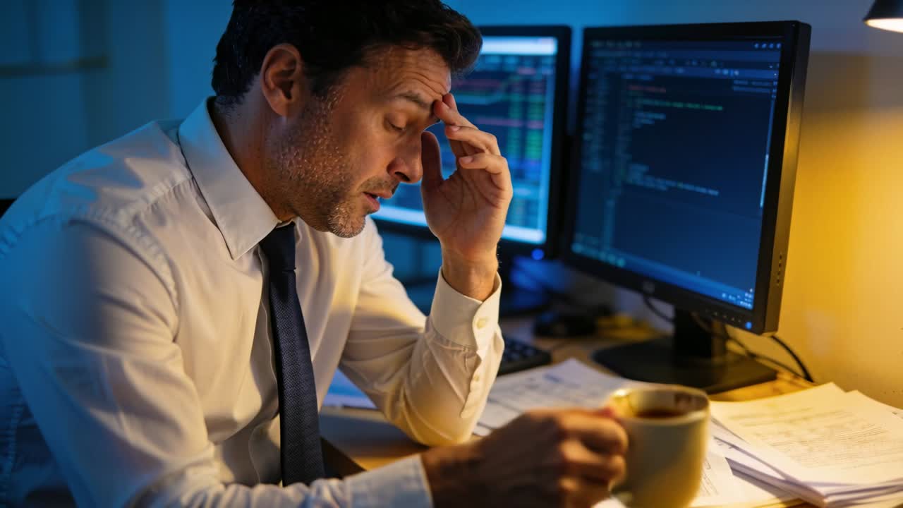 Rubbing temples after shift, man in shirt and tie checking watch sipping coffee by dual monitors