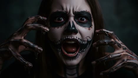 a striking portrayal of a person with intricate skull-themed face paint, depicting a powerful expression of excitement, anger, or transformation in a moody setting