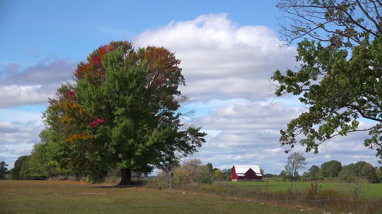 계절이 바뀌면 붉은 헛간이 농장 밭에 서 있다