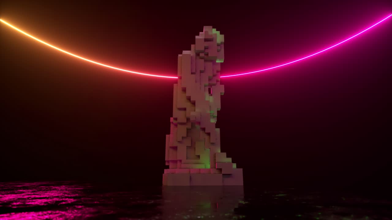 estatua pixelada abstracta bajo luz de neón
