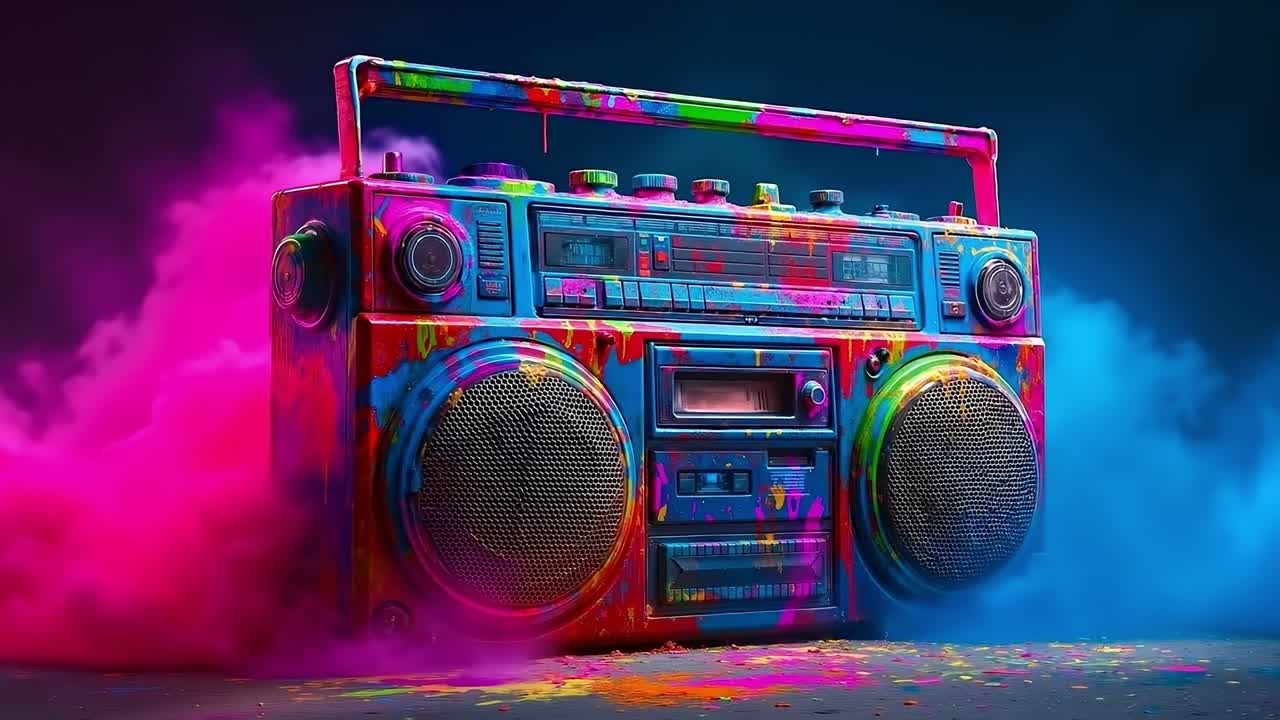 A boombox with colorful paint splatters on it sitting on a table