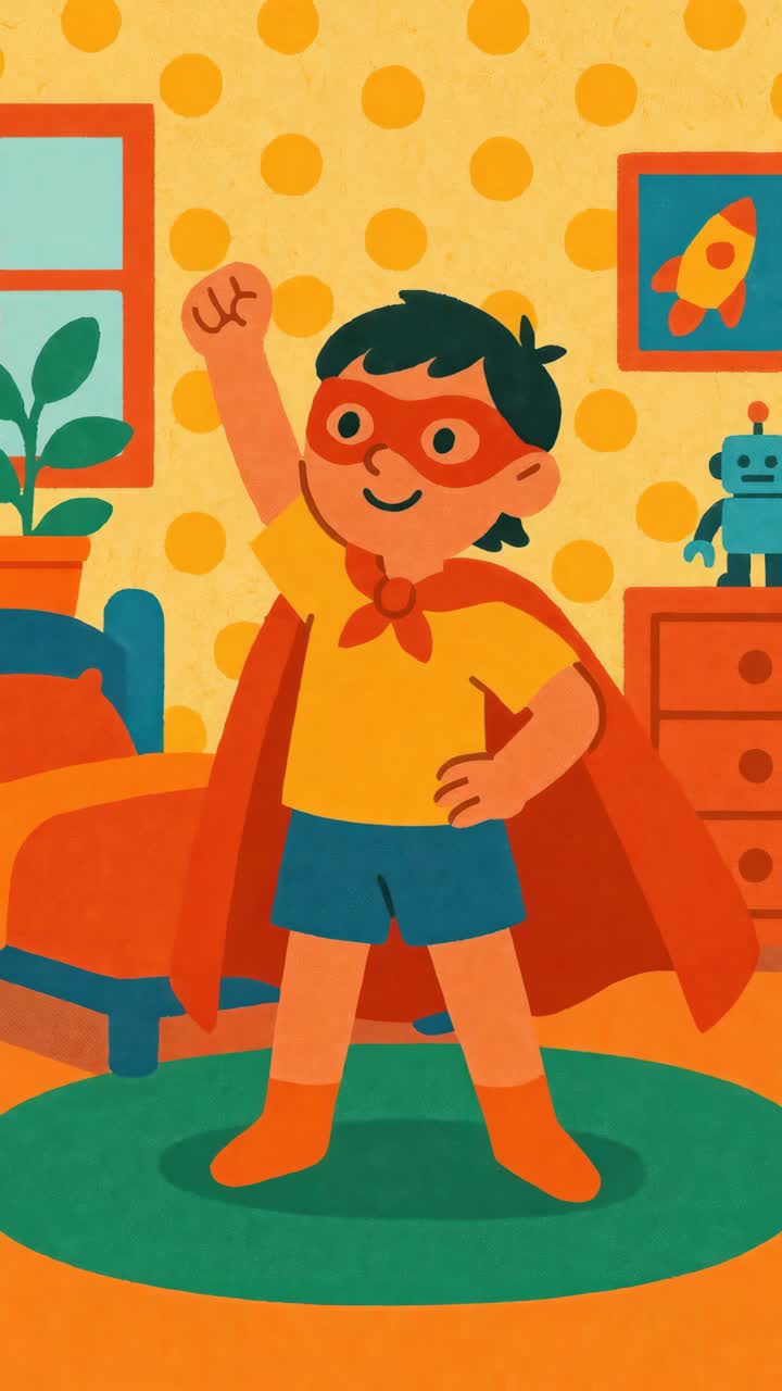 Colorful illustration of a child in superhero costume, arms raised, in a playful room
