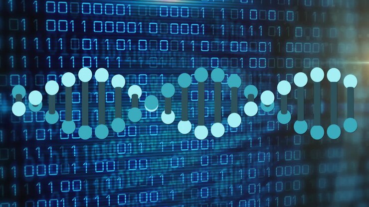Animation of dna strand and binary coding data processing