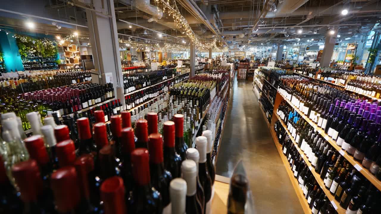 Vast Selection of Bottles in a Contemporary Retail Space Filled with Wine and Spirits, Showcasing Rows of Colorful Wine Bottles on Shelves, Atmosphere of Elegance and Abundance in the Store