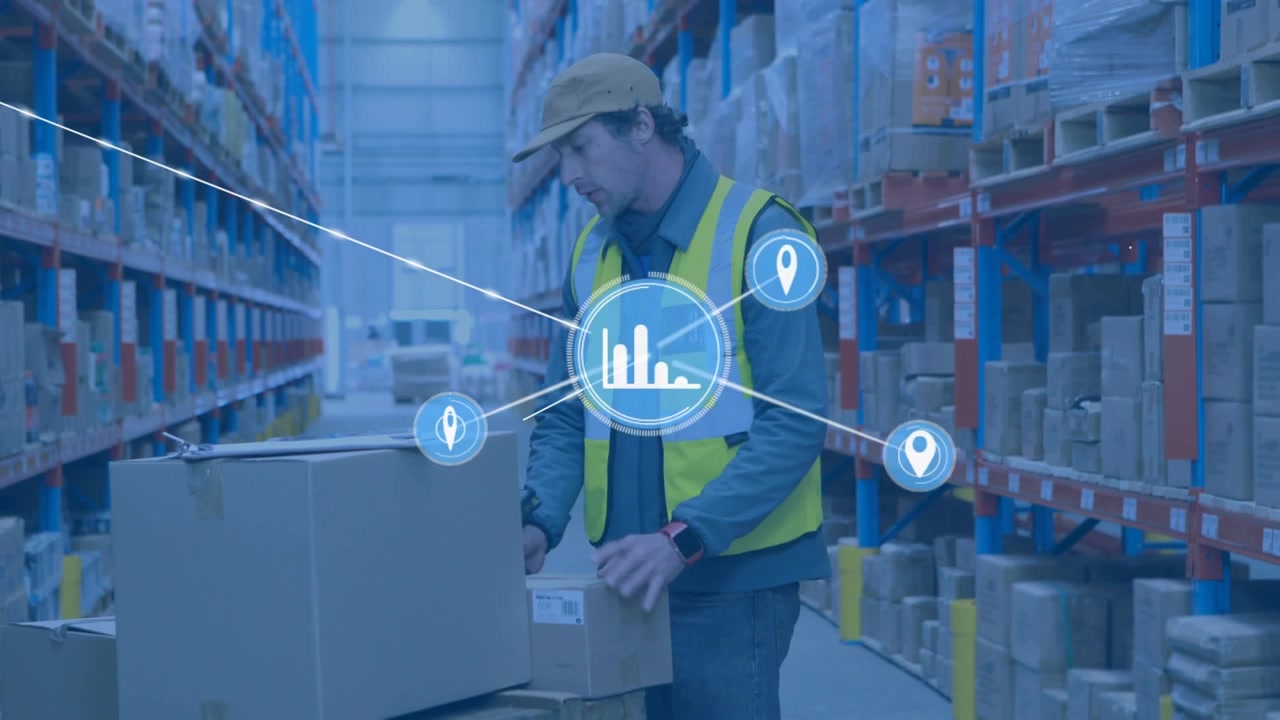 Animation of network of connections with icons over caucasian male worker in warehouse