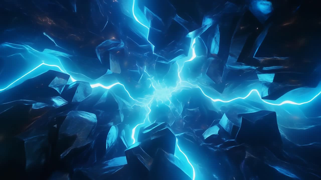 Abstract Blue Lightning Energy Flowing Through Dark Crystalline Tunnel