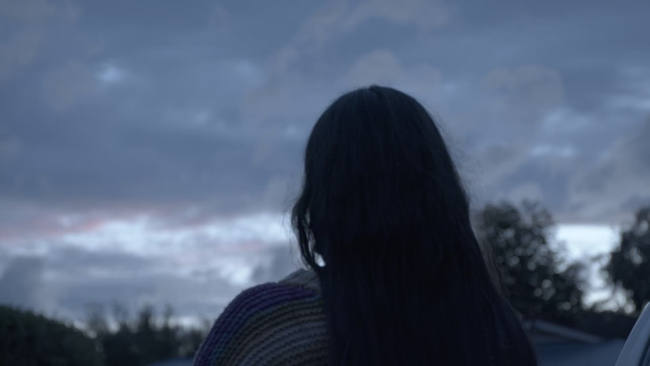 A moody silhouette of a young Hispanic girl looks towards a brooding evening sky, surrounded by trees and rooftops. The low lighting enhances the calm, introspective mood