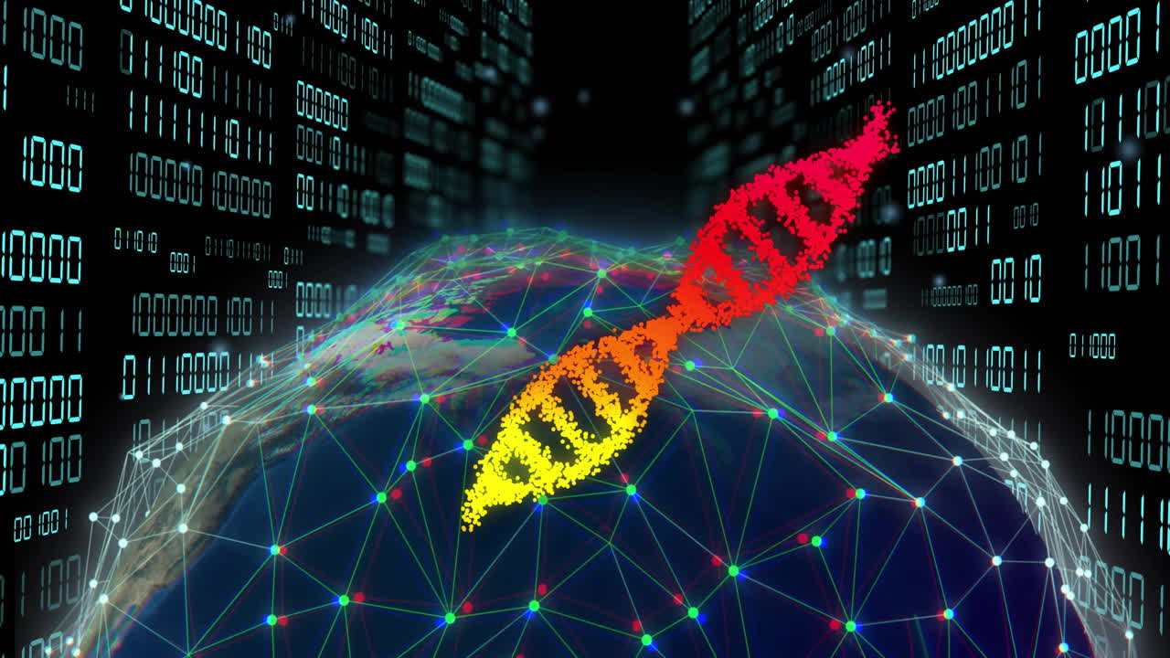 검은색 배경에서 연결 및 데이터 처리의 세계에 대한 dna 줄무의 애니메이션
