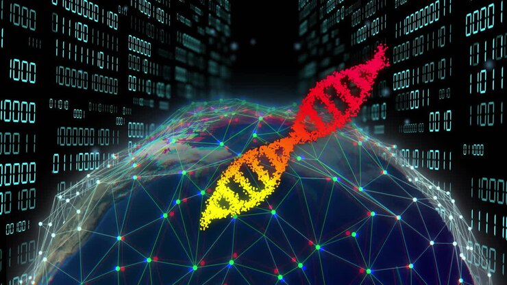 Animation of dna strands over globe of connections and data processing on black background