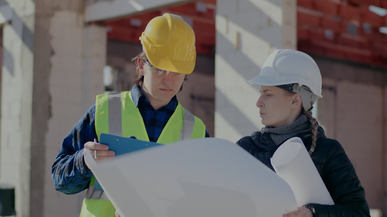 Young male construction worker holding clipboard while discussing over blueprint with female supervisor at site
