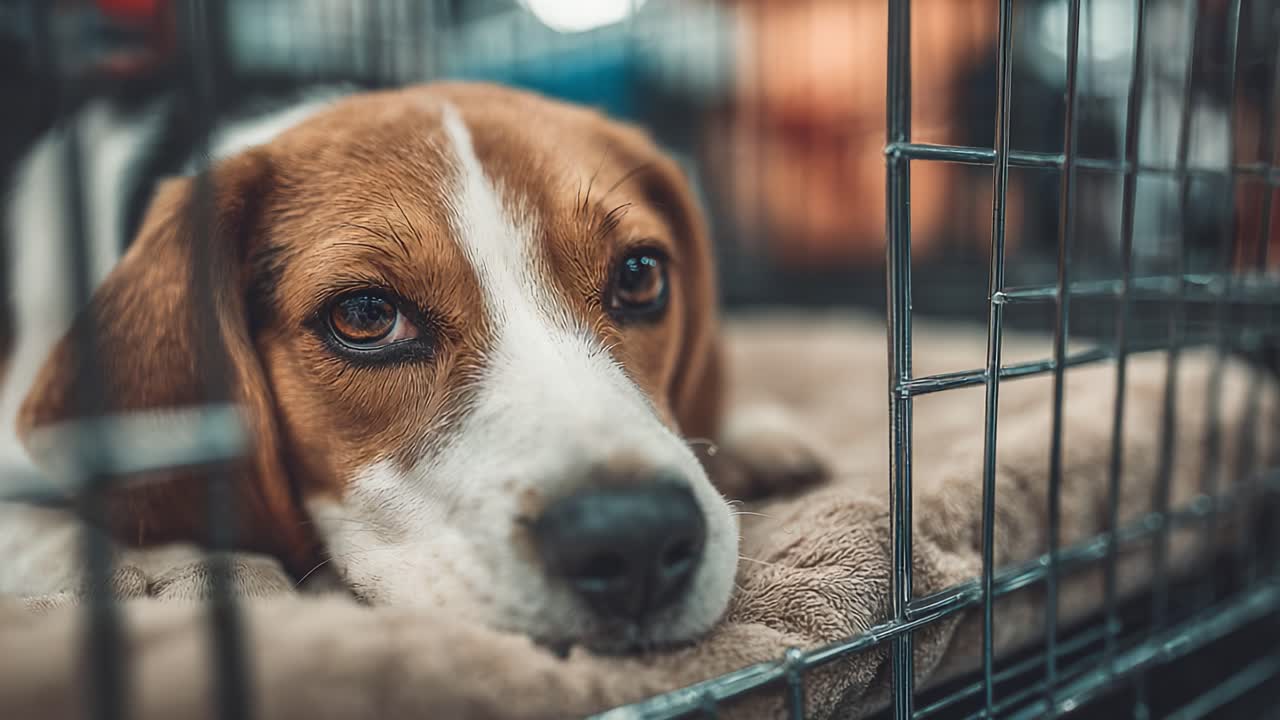 A Beagle's Restful Moments: Capturing the Serenity and Sweetness of a Adorable Beagle in its Cozy Crate