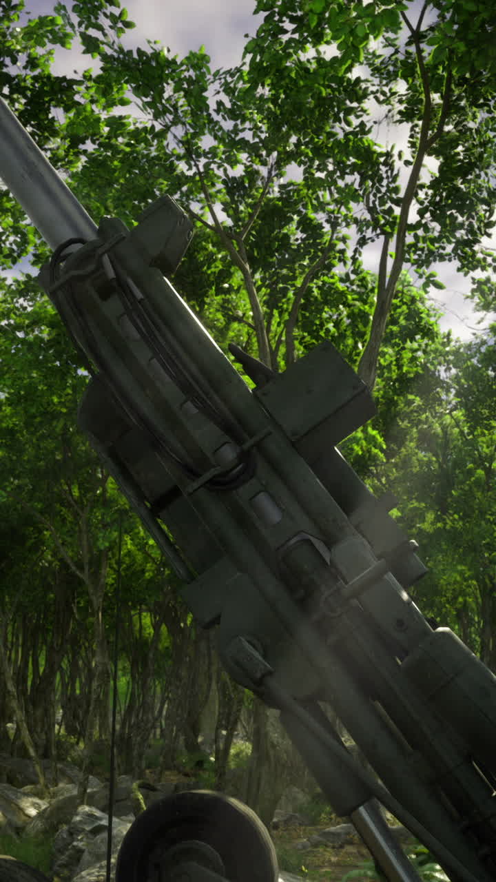 Military artillery positioned among dense greenery during clear daylight hours