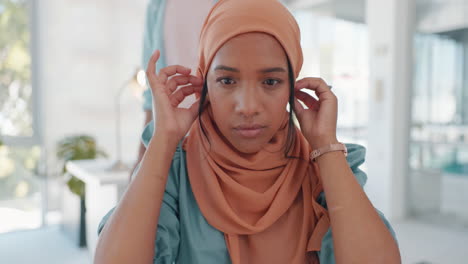 face, muslim and working with a business woman