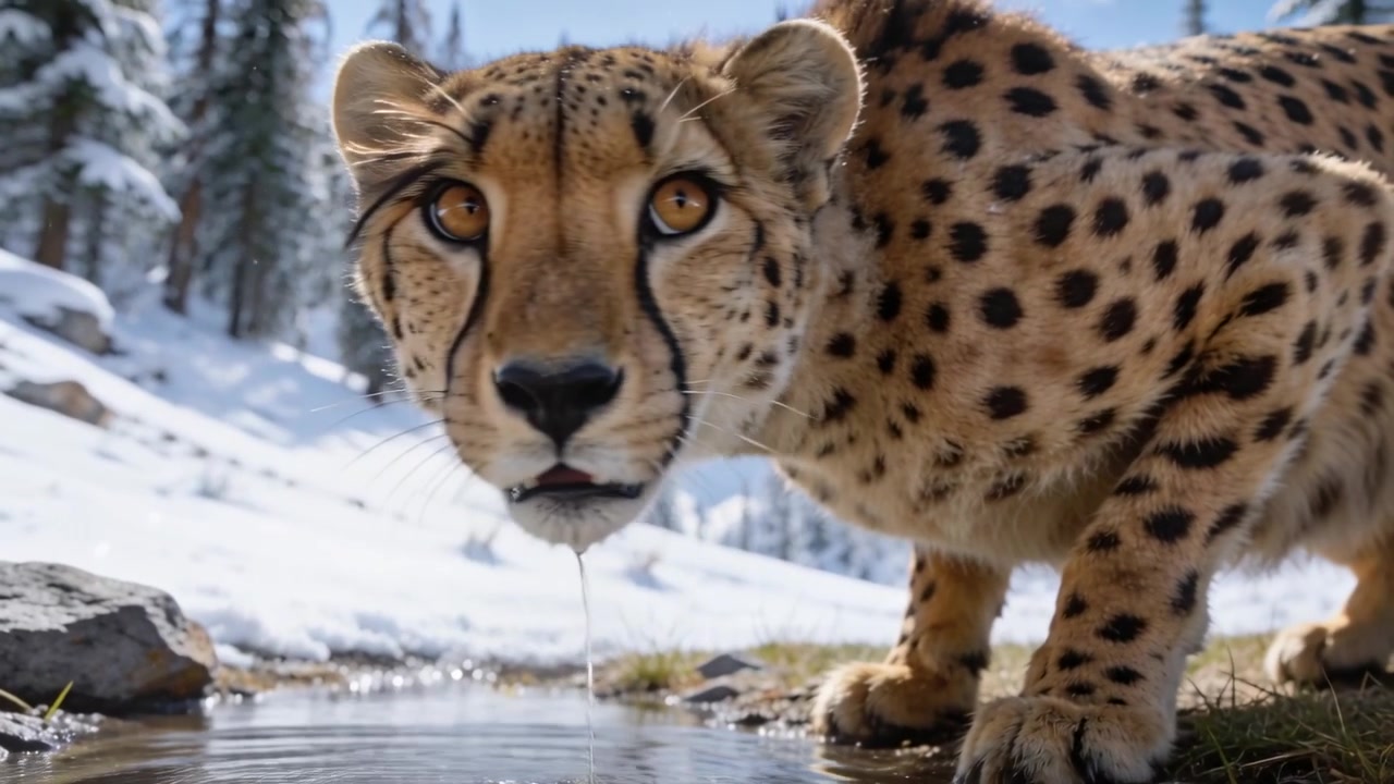 Approaching single adult cheetah lapping water at snowy pool, droplets trailing, seeking water
