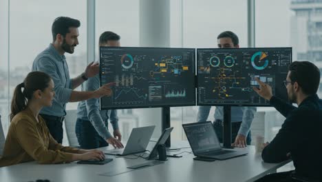 collaborative data analysis in a modern office: a team engages in insightful discussions while analyzing complex graphs and metrics on multiple displays