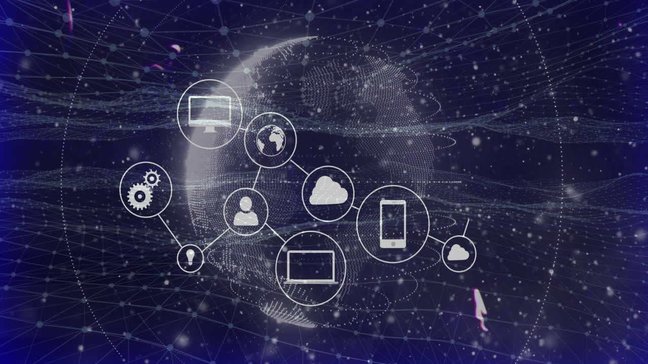 Digital network visualizing interconnected tech icons floating over dotted globe, using flat design