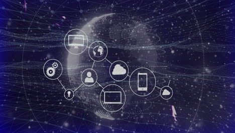 digital network visualizing interconnected tech icons floating over dotted globe, using flat design