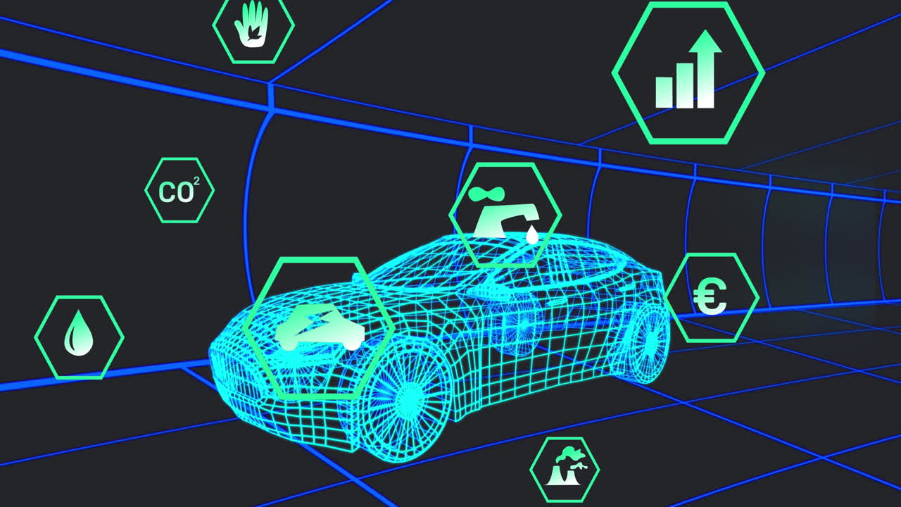animación de múltiples iconos digitales sobre un modelo de coche 3d que se mueve en un patrón sin costuras sobre un fondo negro