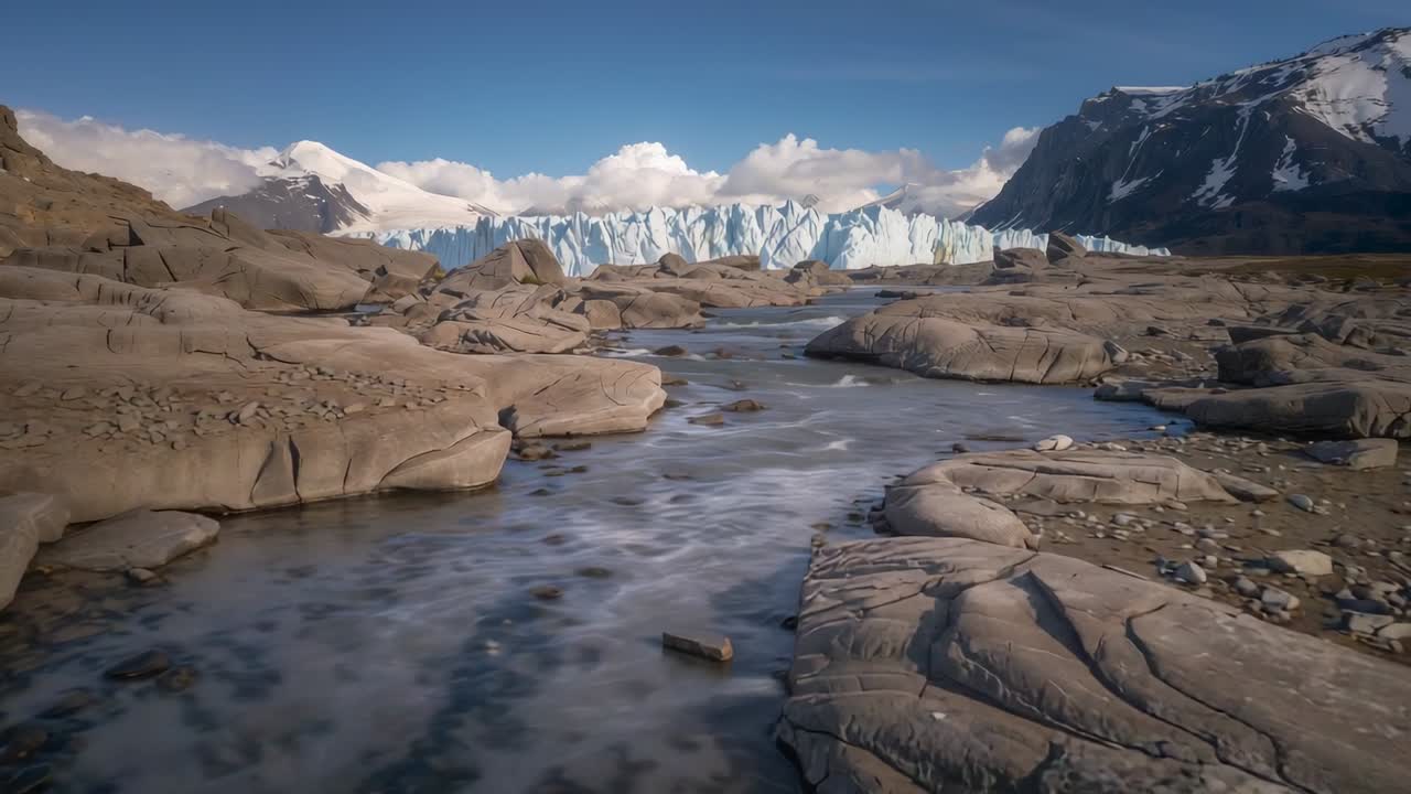Drone in movimento che riprende un fiume che scorre tra le rocce verso un ghiacciaio dopo che il pilota ha iniziato ad avanzare, mostrando i seracchi