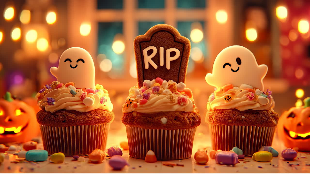 Ghost-decorated Halloween cupcakes. Two spooky cupcakes with ghost shapes and a tombstone sit among Halloween decorations in a festive setting
