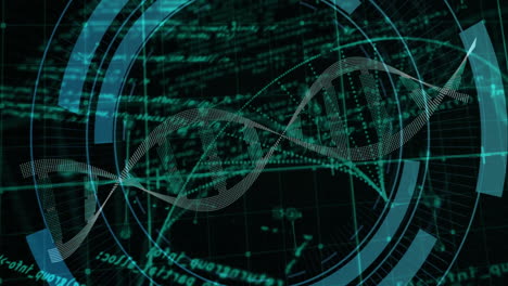 Animación-De-Procesamiento-De-Datos-Circulares-Y-De-Cadena-De-ADN-Sobre-Fondo-De-Cuadrícula-Digital