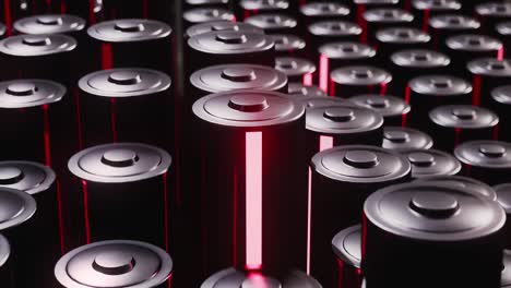 baterías de carbono en la fábrica. batería de energía color neón rojo brillante. animación 3d