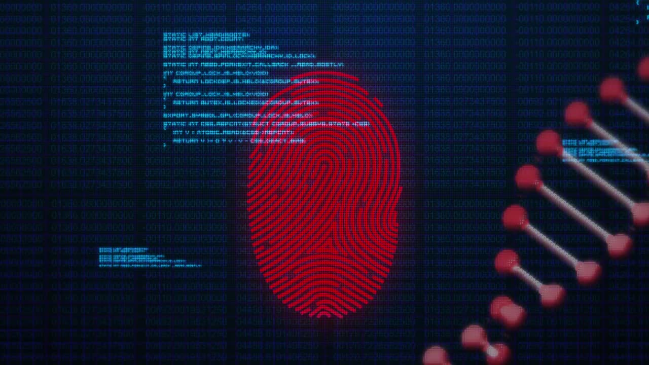 Animation of dna, fingerprint scanning and data processing on navy background