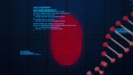 Animation-of-dna,-fingerprint-scanning-and-data-processing-on-navy-background