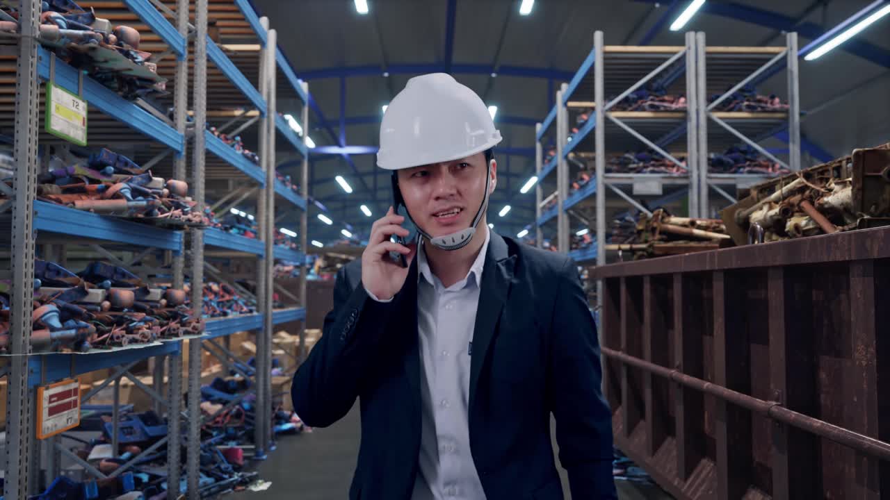 Vista frontale di un imprenditore asiatico che parla allo smartphone mentre cammina in un magazzino industriale di rottami metallici e riciclaggio.